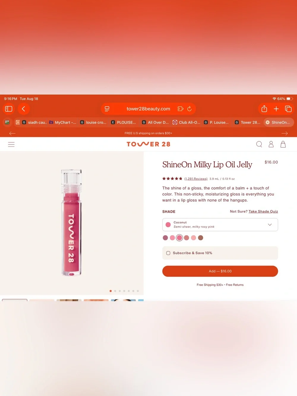 Tower 28 Tinted Shine-On Lip Jelly, Coconut 3.9ml
